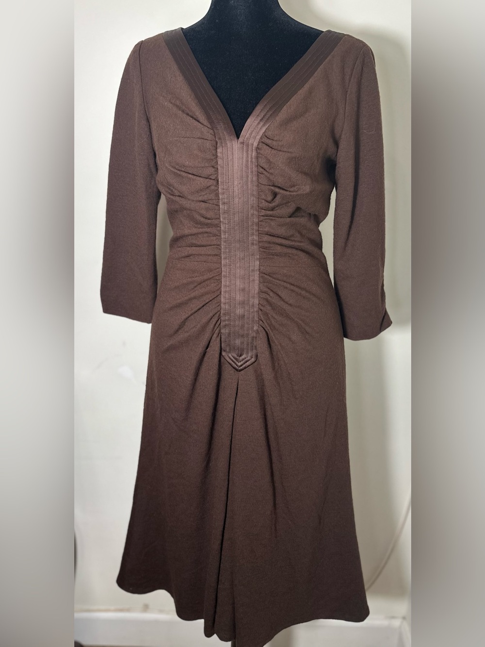 Carmen Marc Valvo Women’s Brown Merino Wool Ruched Midi Dress - Size 4